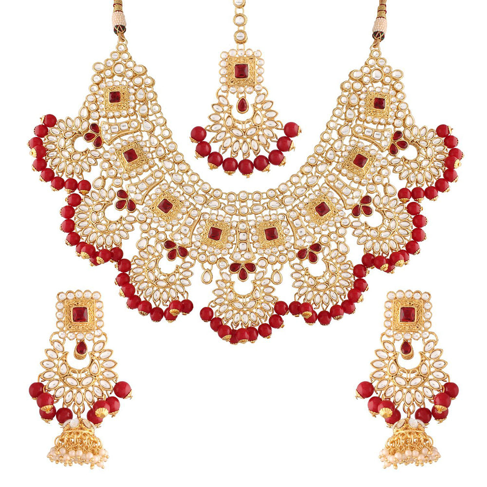 Etnico 18K Gold Plated Traditional Handcrafted Faux Kundan & Stone Studded Bridal Choker Necklace Jewellery Set For Women (IJ026M)