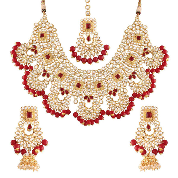Etnico 18K Gold Plated Traditional Handcrafted Faux Kundan & Stone Studded Bridal Choker Necklace Jewellery Set For Women (IJ026M)