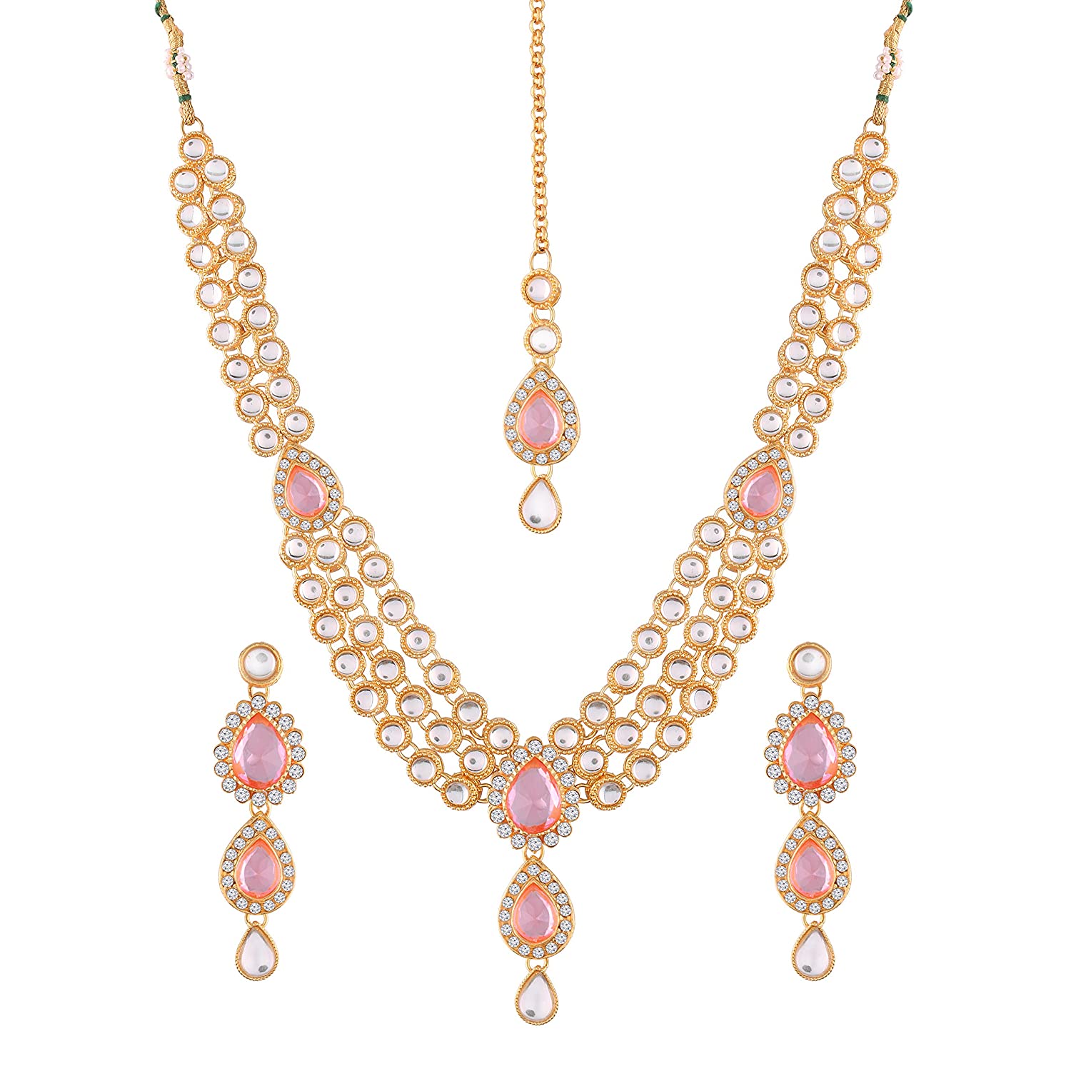 Etnico Gold Plated and American Diamond Necklace Set for Women & Girls (Pink)