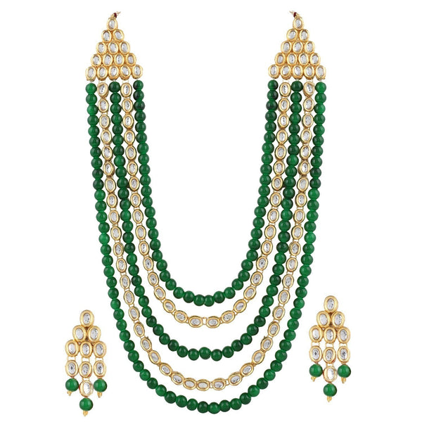 Etnico 18K Gold Plated Kundan & Pearl Beaded Multi Strand Necklace Jewellery Set For Women (IJ318G)