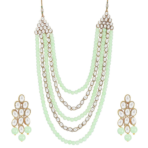 Etnico 18K Gold Plated Kundan & Pearl Beaded Multi Strand Necklace Jewellery Set For Women (IJ318Pi)