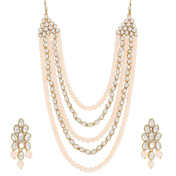Etnico 18K Gold Plated Kundan & Pearl Beaded Multi Strand Necklace Jewellery Set For Women (IJ318Min)