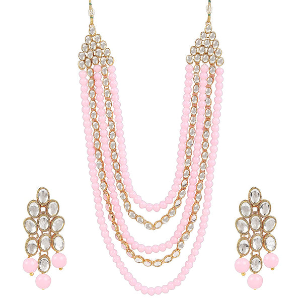 Etnico 18K Gold Plated Kundan & Pearl Beaded Multi Strand Necklace Jewellery Set For Women (IJ318Pe)