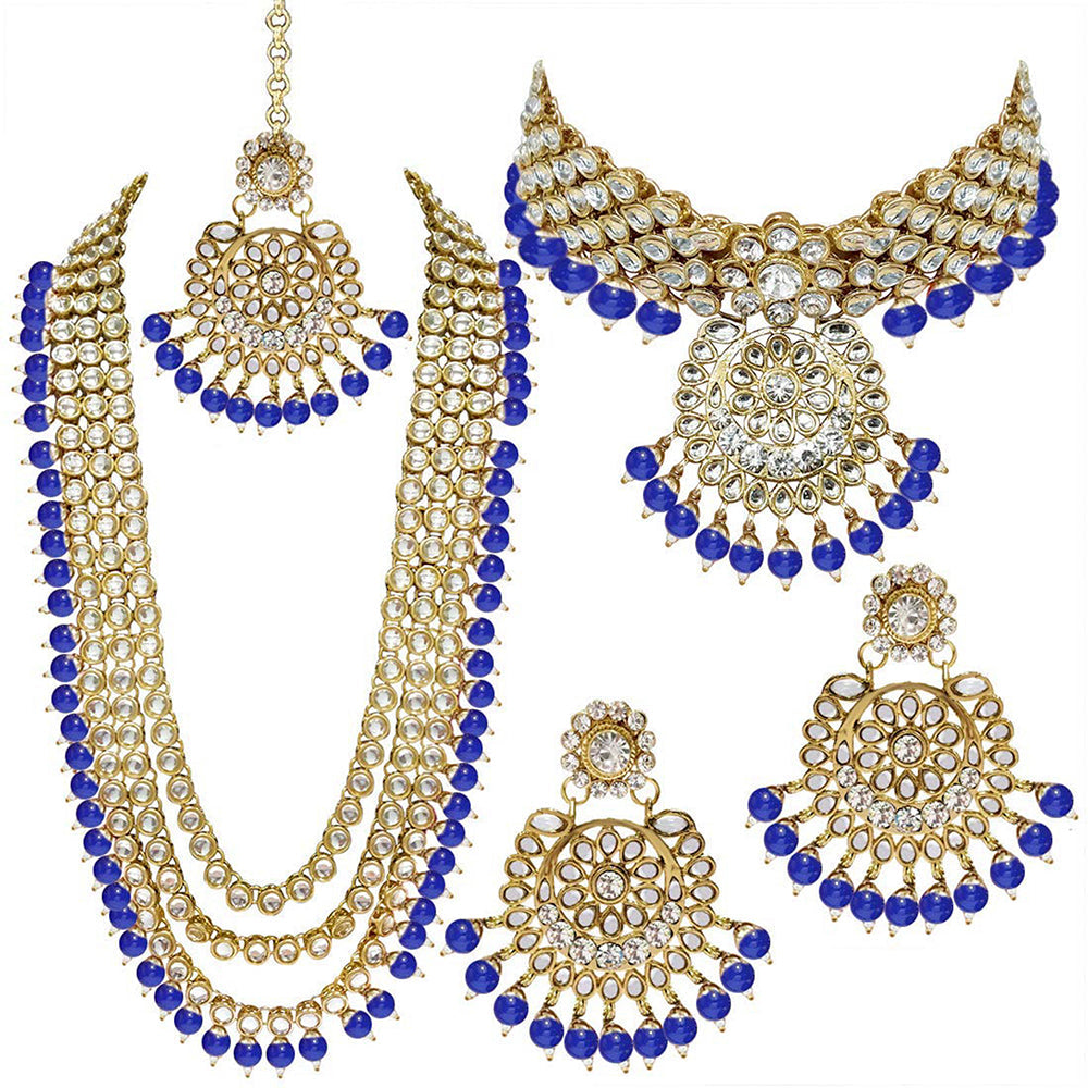 Etnico Traditional 18K Gold Plated Kundan & Pearl Studded Bridal Choker Necklace Jewellery Set With Earrings & Maang Tikka for Women (IJ325BL)