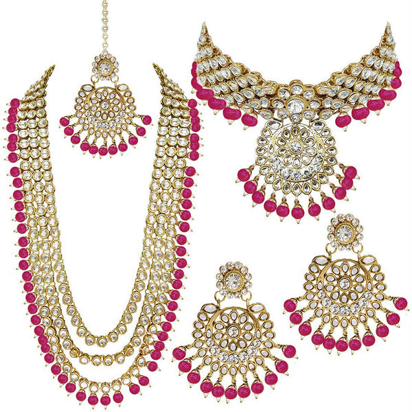 Etnico Traditional 18K Gold Plated Kundan & Pearl Studded Bridal Choker Necklace Jewellery Set With Earrings & Maang Tikka for Women (IJ325Q)