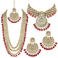 Etnico Traditional 18K Gold Plated Kundan & Pearl Studded Bridal Choker Necklace Jewellery Set With Earrings & Maang Tikka for Women (IJ325R)