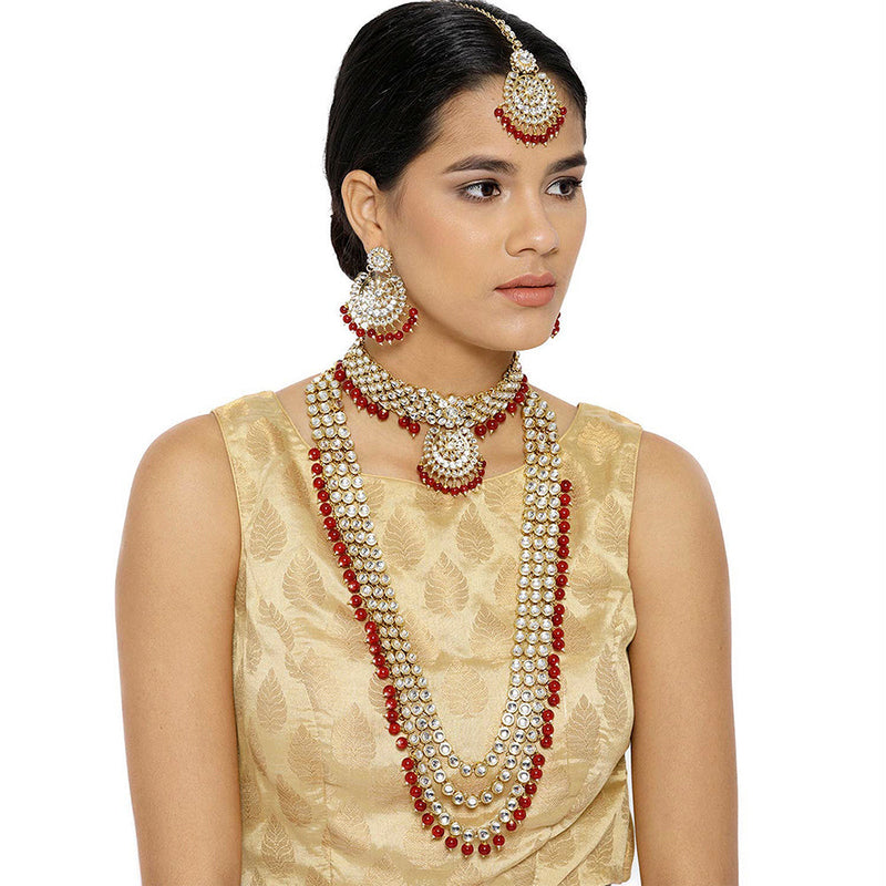Etnico Traditional 18K Gold Plated Kundan & Pearl Studded Bridal Choker Necklace Jewellery Set With Earrings & Maang Tikka for Women (IJ325R)