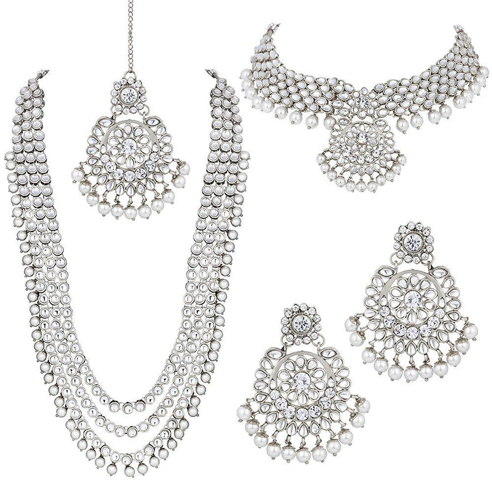 Etnico Traditional 18K Silver Plated Kundan & Pearl Studded Bridal Choker Necklace Jewellery Set With Earrings & Maang Tikka for Women (IJ325S)