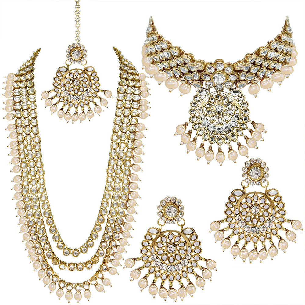 Etnico Traditional 18K Gold Plated Kundan & Pearl Studded Bridal Choker Necklace Jewellery Set With Earrings & Maang Tikka for Women (IJ325W)