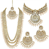 Etnico Traditional 18K Gold Plated Kundan & Pearl Studded Bridal Choker Necklace Jewellery Set With Earrings & Maang Tikka for Women (IJ325W)