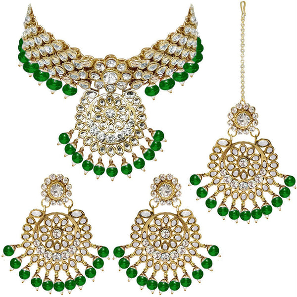 Etnico Traditional Gold Plated Kundan Pearl Wedding Choker Necklace Set Earrings & Maang Tikka for Women (IJ331G)