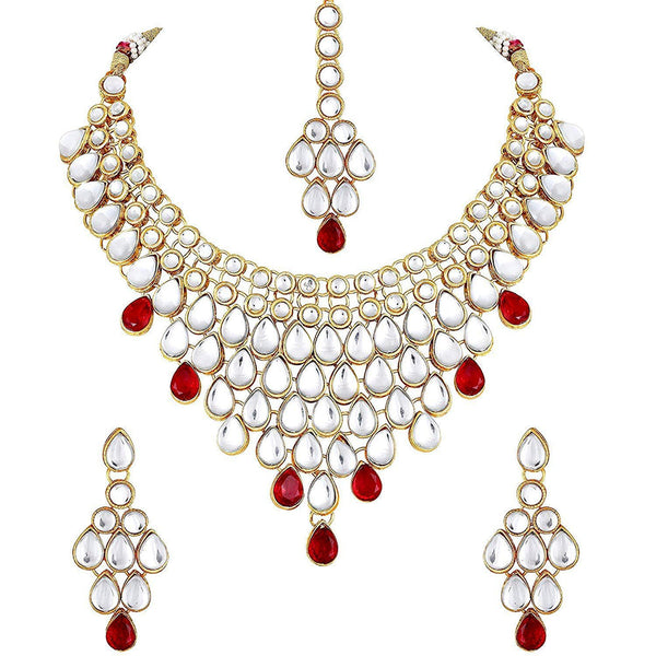 Etnico Traditional Gold Plated Stone Studded Bridal Choker Necklace Set Earrings & Maang Tikka For Women (IJ332R)