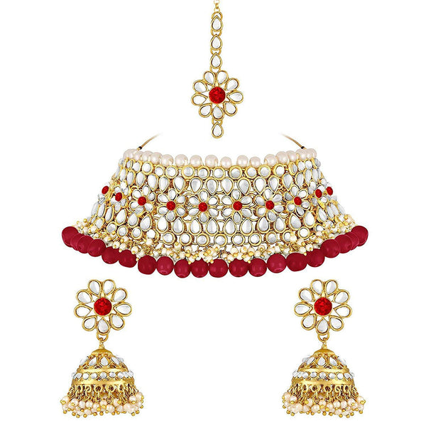 Etnico Gold Plated Traditional Kundan Pearl Choker Jewellery Set for Women (IJ333R)