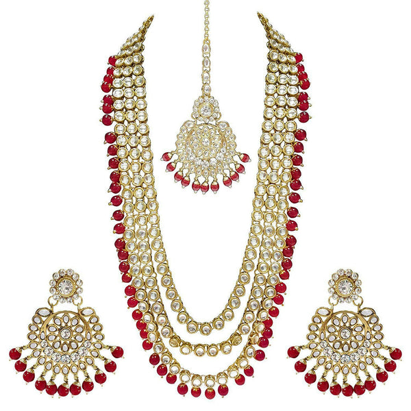 Etnico 18K Gold Plated Traditional Kundan & Pearl Studed Bridal Jewellery Set For Women (IJ348M)