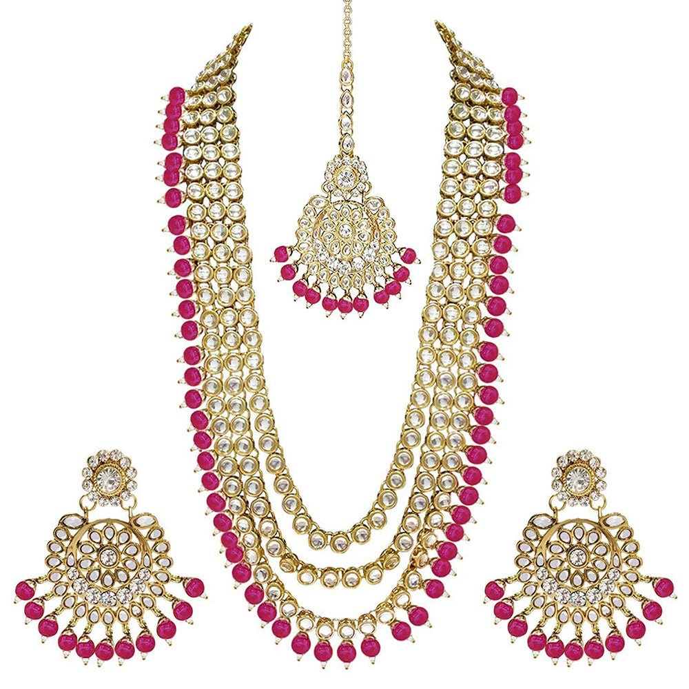 Etnico 18K Gold Plated Traditional Kundan & Pearl Studed Bridal Jewellery Set For Women (IJ348Q)