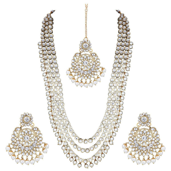 Etnico 18K Gold Plated Traditional Kundan & Pearl Studed Bridal Jewellery Set For Women (IJ348W)