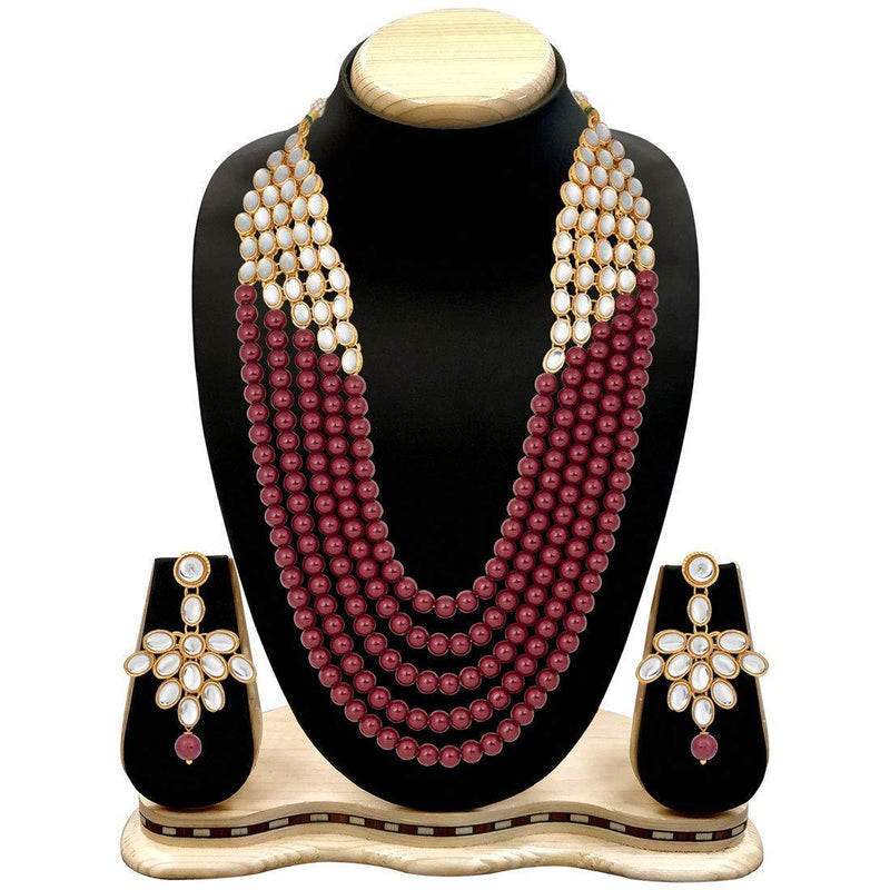Etnico Wedding Collection Green 5 Layer Faux Mother-of-pearl and Kundan Rani Haar Necklace Jewellery Set with Earrings for Women (IJ350M)