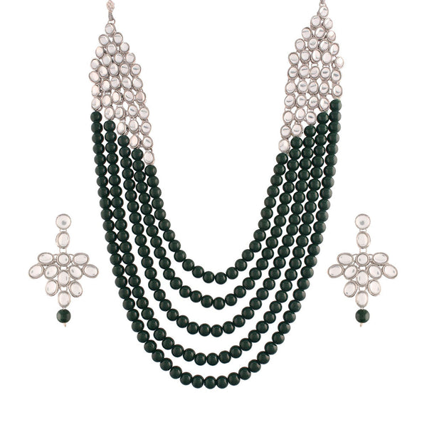 Etnico Rhodium Plated 5 Layer Faux Mother-of-pearl and Kundan Rani Haar Necklace Jewellery Set with Earrings for Women (IJ350ZG)