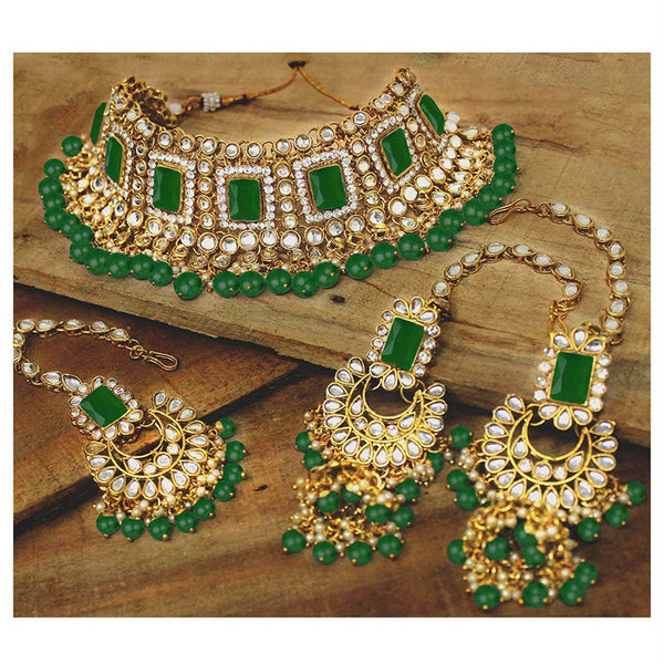 Etnico 18K Gold Plated Traditional Handcrafted Faux Kundan & Pearl Studded Bridal Choker Necklace Jewellery Set with Earrings & Maang Tikka (IJ401G)