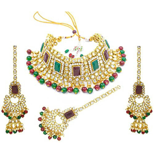 Etnico 18K Gold Plated Traditional Handcrafted Faux Kundan & Pearl Studded Bridal Choker Necklace Jewellery Set with Earrings & Maang Tikka (IJ401) (Maroon Green)