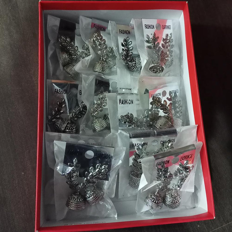 Kriaa Oxidised Plated Pack Of 12 Jhumki Earrings - 1318115A