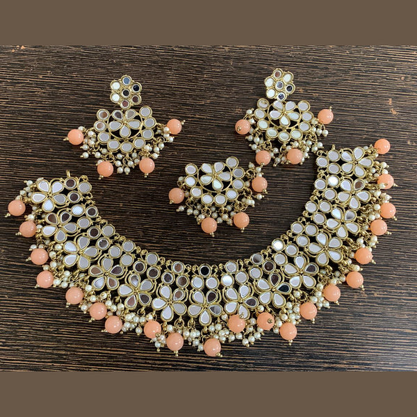 Jinu Arts Gold Plated Peach Beads Mirror Choker Necklace Set