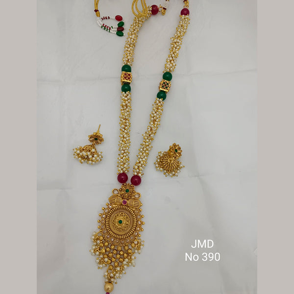 Jai Mata Di Pink & Green Pota Stone Gold Plated Long Necklace Set