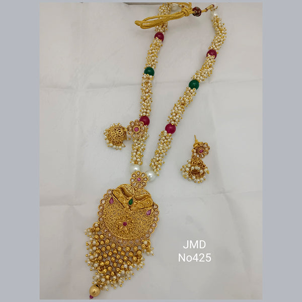 Jai Mata Di Pink & Green Pota Stone Gold Plated Long Necklace Set
