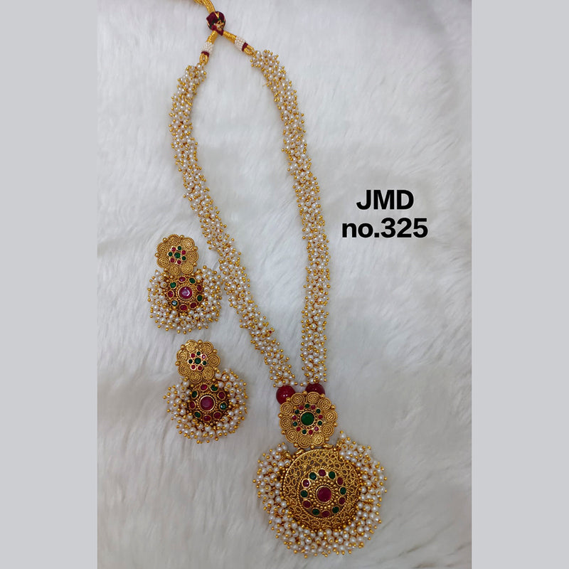 Jai Mata Di Pink & Green Austrian Stone Gold Plated Long  Necklace Set