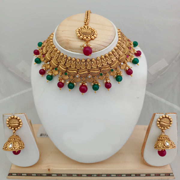 Jai Mata Di Pink & Green Austrian Stone Gold Plated Choker Necklace Set