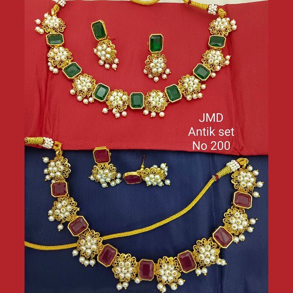 Jai Mata Di Pink & Green Crystal Stone & Pearl Gold Plated Choker Necklace Set