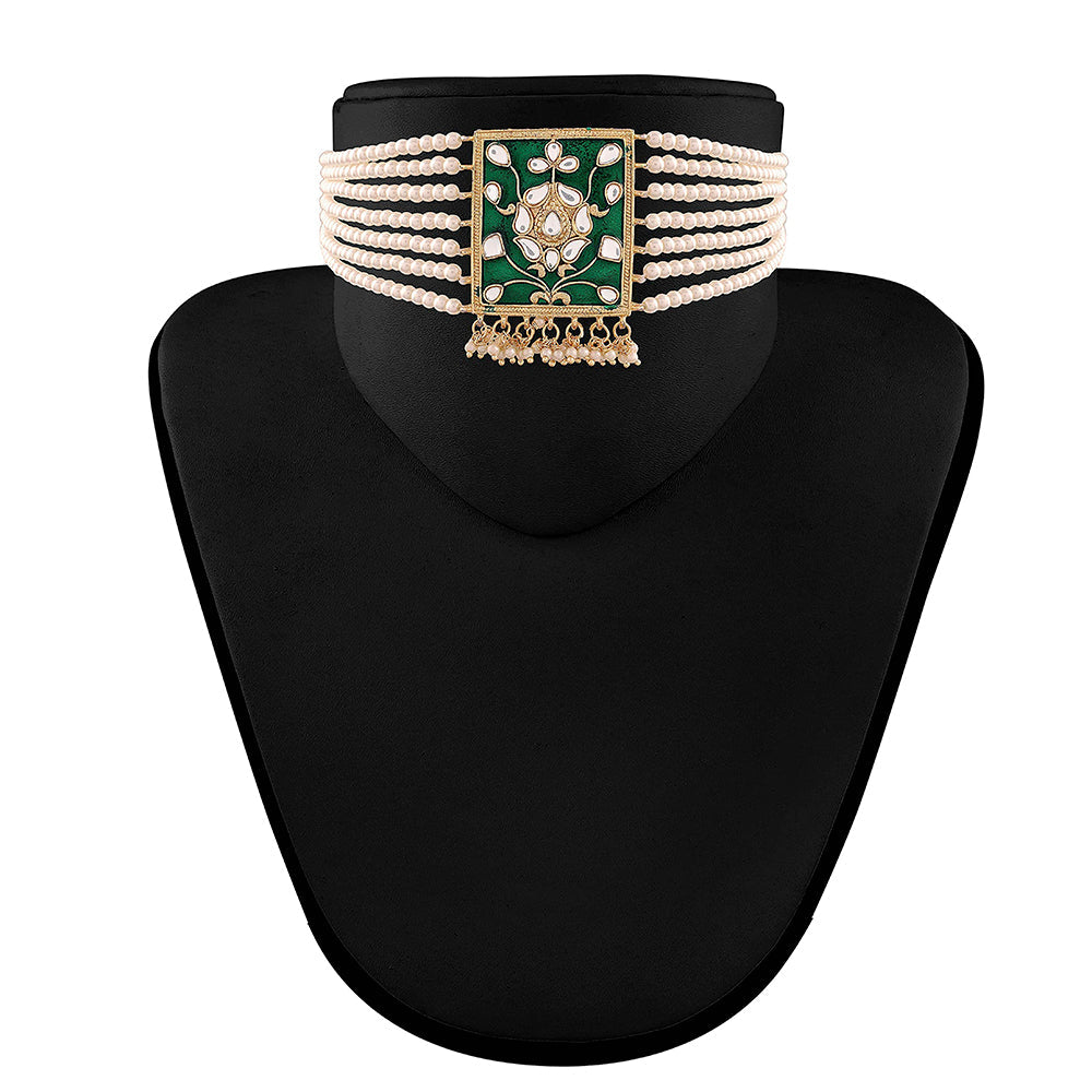 Etnico 18K Gold Plated Traditional Pearl & Kundan Meenakari Multistrand Necklace Jewellery Set With Earrings For Women (K118G)