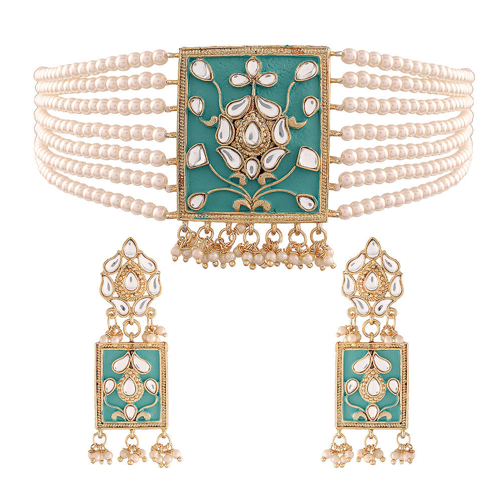 Etnico 18K Gold Plated Traditional Pearl & Kundan Meenakari Multistrand Necklace Jewellery Set With Earrings For Women (K118Sb)