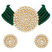 Etnico 18K Gold Plated Traditional Emerald Beaded Choker Set Glided with Kundan Work for Women/Girls (K239G)