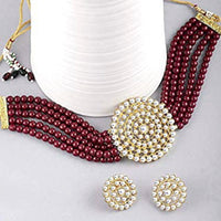 Etnico 18K Gold Plated Traditional Ruby Beaded Choker Set Glided with Kundan Work for Women/Girls (K239M)