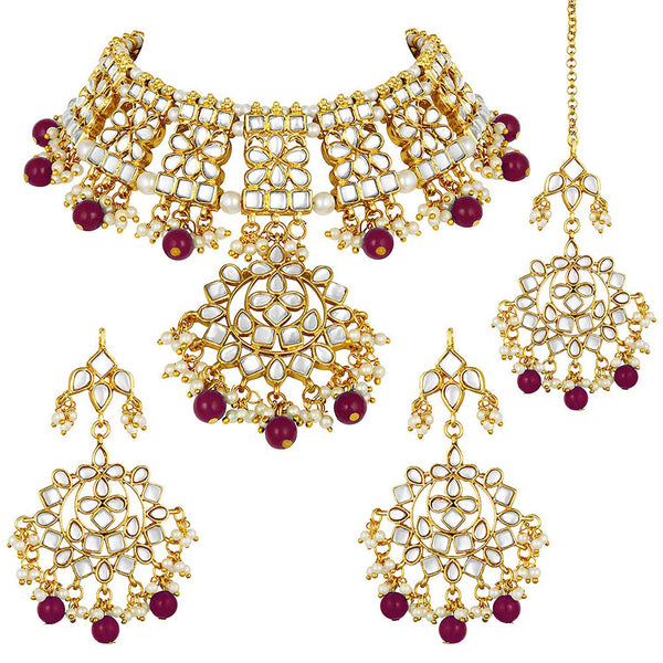 Etnico 18K Gold Plated Traditional Handcrafted Kundan & Pearl Studded Choker Necklace Jewellery Set With Earrings & Maang Tikka For Women (K7057M)