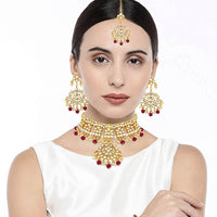 Etnico 18K Gold Plated Traditional Handcrafted Kundan & Pearl Studded Choker Necklace Jewellery Set With Earrings & Maang Tikka For Women (K7057M)