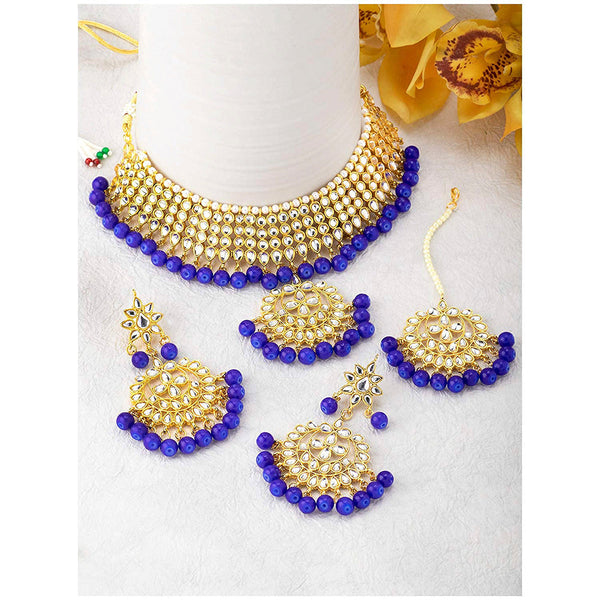 Etnico 18K Gold Plated Traditional Kundan & Pearl Studded Choker Necklace Jewellery Set with Earrings & Maang Tikka For Women (K7058Bl)