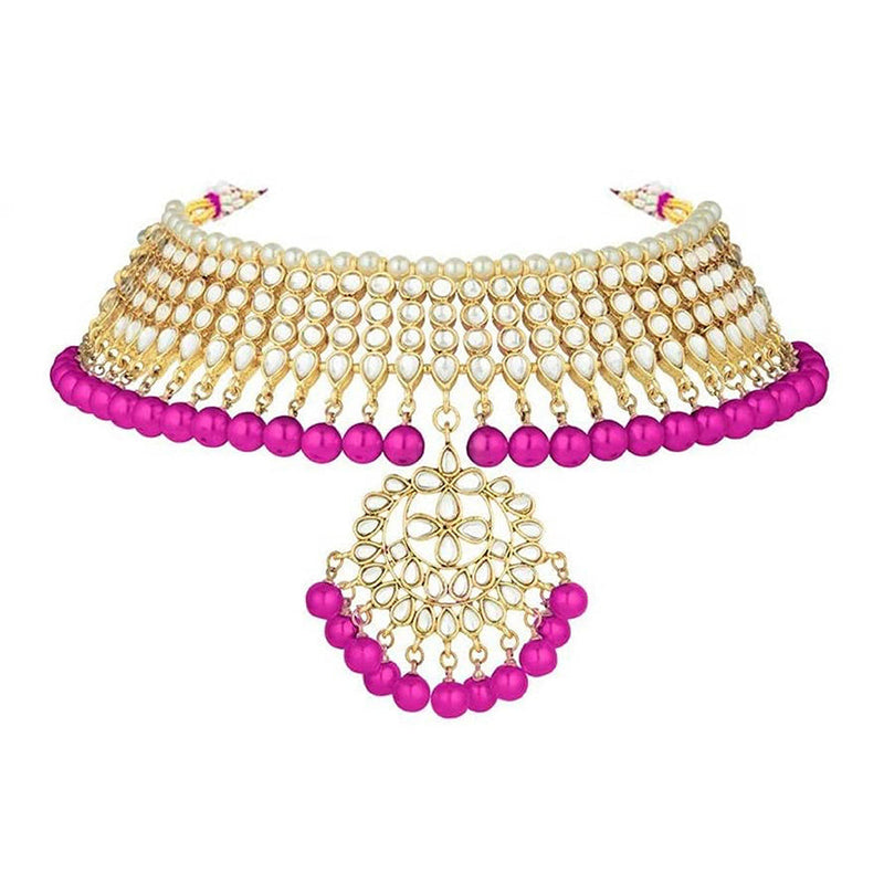 Etnico 18K Gold Plated Traditional Kundan & Pearl Studded Choker Necklace With Earrings and Maang Tikka Set (K7058Q)
