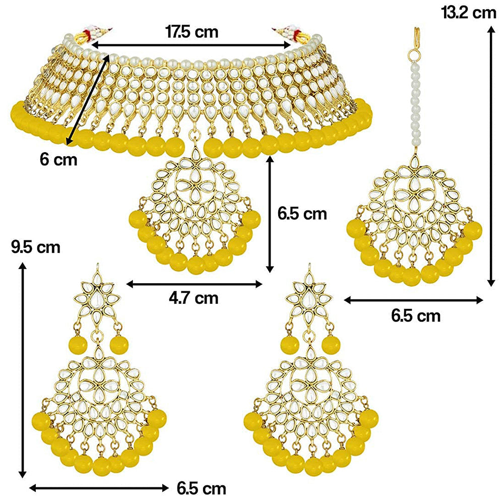 Etnico 18K Gold Plated Traditional Kundan & Pearl Studded Choker Necklace With Earrings and Maang Tikka Set (K7058Y)