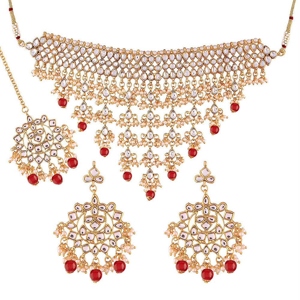 Etnico 18K Gold Plated Traditional Kundan & Pearl Studded Choker Necklace Jewellery Set with Earrings & Maang Tikka For Women (K7064R)