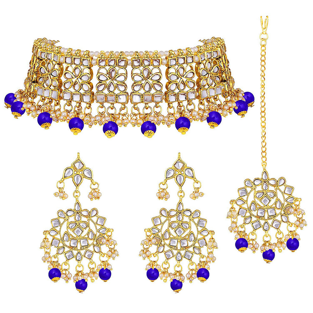 Etnico Gold Plated Traditional Kundan & Pearl Studded Choker Necklace Jewellery Set with Earrings & Maang Tikka For Women (K7069Bl)