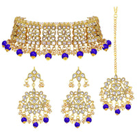 Etnico Gold Plated Traditional Kundan & Pearl Studded Choker Necklace Jewellery Set with Earrings & Maang Tikka For Women (K7069Bl)