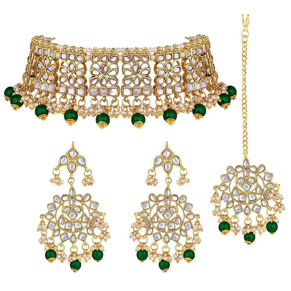 Etnico Gold Plated Traditional Kundan & Pearl Studded Choker Jewellery Necklace Set with Earrings & Maang Tikka For Women (K7069G)