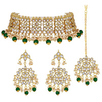 Etnico Gold Plated Traditional Kundan & Pearl Studded Choker Jewellery Necklace Set with Earrings & Maang Tikka For Women (K7069G)