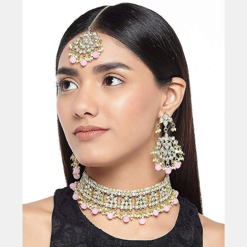 Etnico Gold Plated Traditional Kundan & Pearl Studded Choker NecklaceJewellery Set with Earrings & Maang Tikka For Women (K7069Pi)