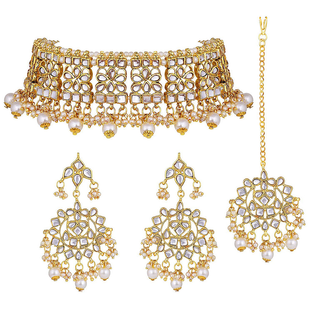 Etnico Gold Plated Traditional Kundan & Pearl Studded Choker Necklace Jewellery Set with Earrings & Maang Tikka For Women (K7069W)