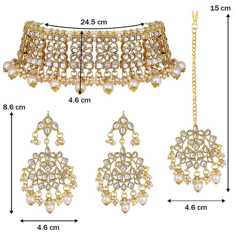 Etnico Gold Plated Traditional Kundan & Pearl Studded Choker Necklace Jewellery Set with Earrings & Maang Tikka For Women (K7069W)