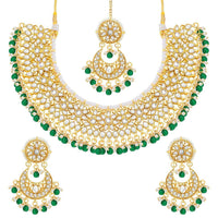 Etnico 18K Gold Plated Traditional Handcrafted Faux Kundan & Pearl Studded Bridal Choker Necklace Jewellery Set with Earrings & Maang Tikka (K7076G)