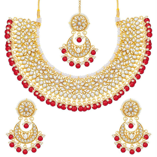Etnico 18K Gold Plated Traditional Handcrafted Faux Kundan & Pearl Studded Bridal Choker Necklace Jewellery Set with Earrings & Maang Tikka (K7076R)